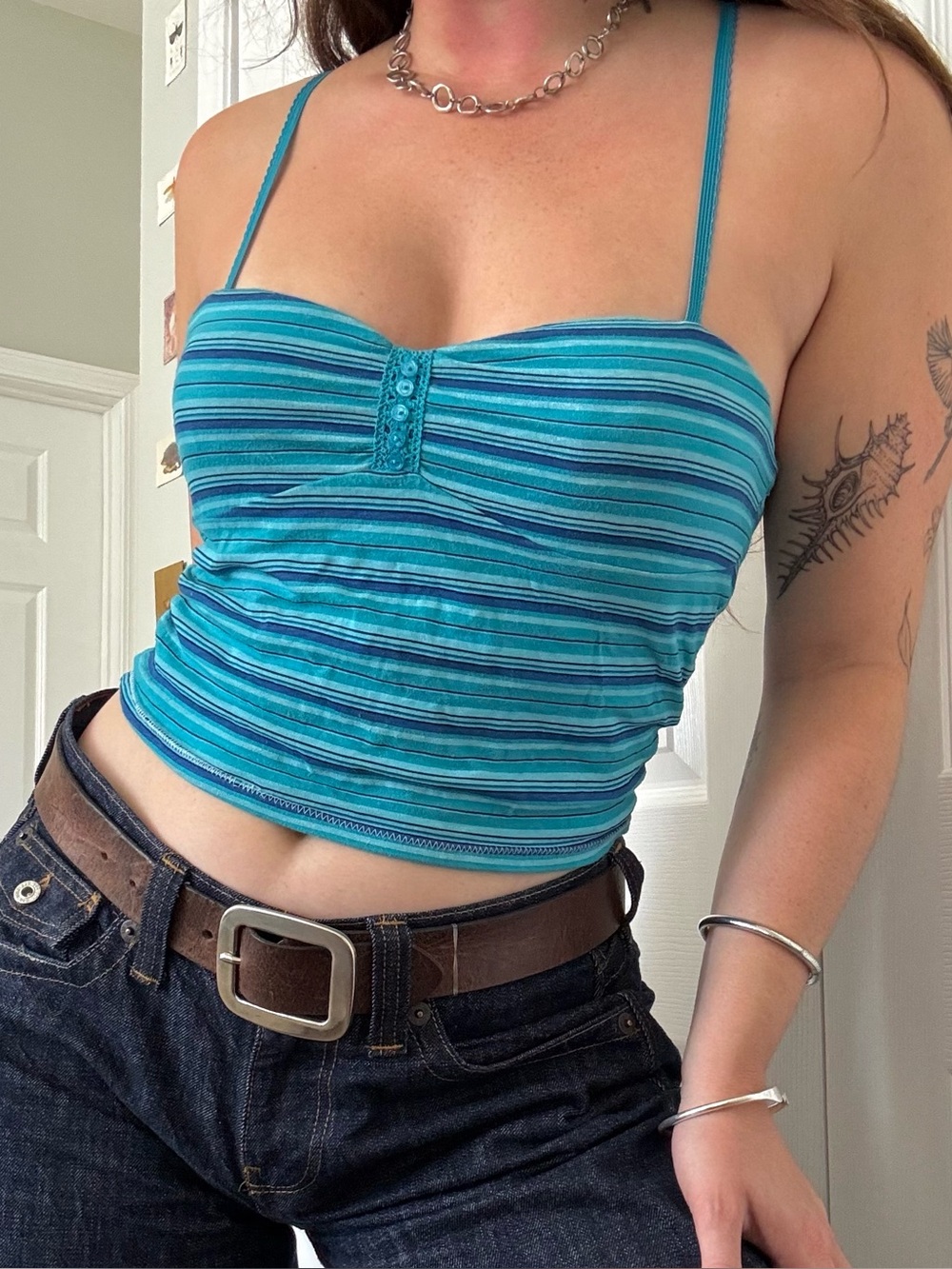 lei Blue Teal Striped Crop Tank Top